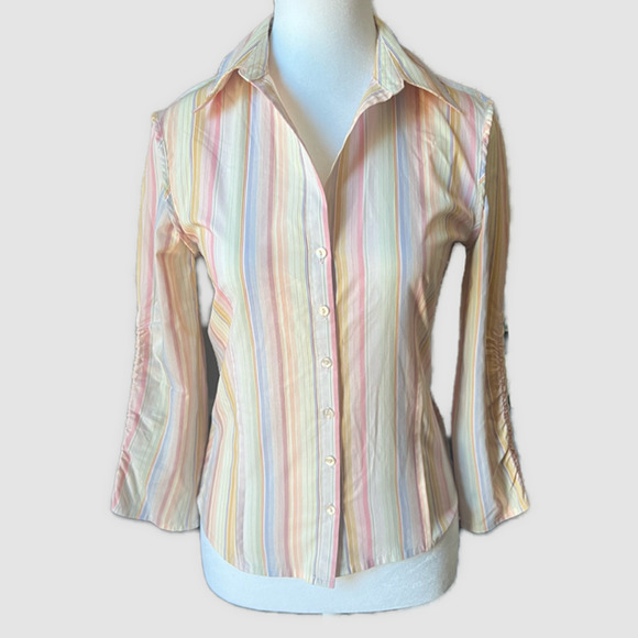 MNG Mango Multi Stripe 3/4 Sleeve Collared Dress Shirt, EUC- Size 2/XS - Picture 1 of 7
